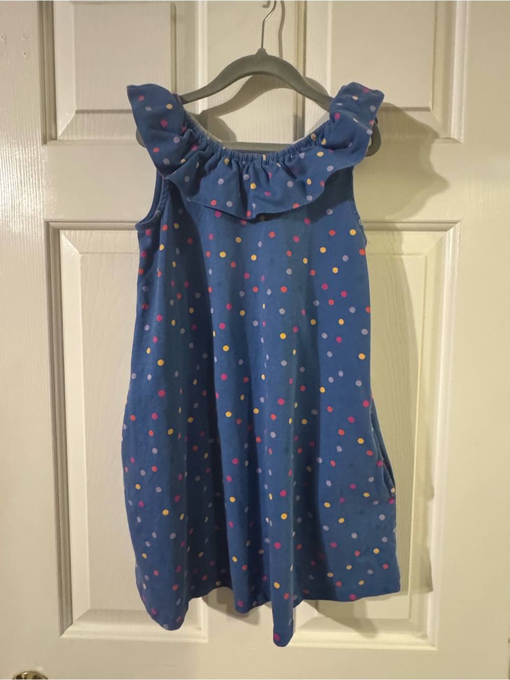 Hanna Andersson Blue Ruffle Neck Polka Dot Dress size 6/7